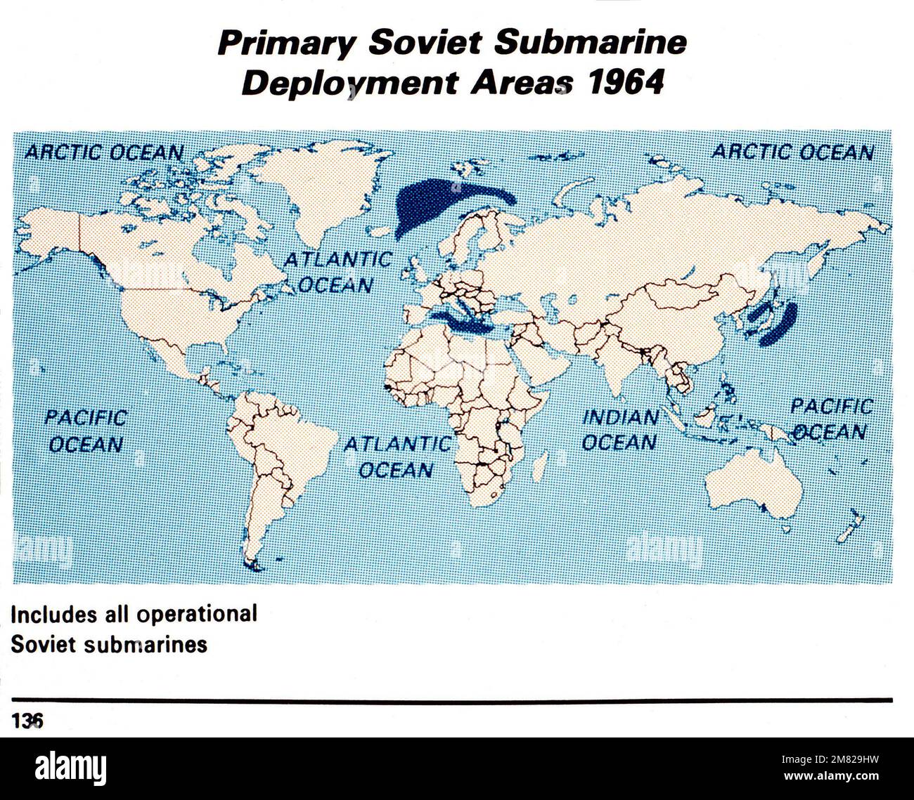 Primäre Einsatzgebiete des sowjetischen U-Boots, 1964. Mit freundlicher Genehmigung der sowjetischen Militärmacht, 1984. FOTO Nr. 136, Seite 124, links. Land: Unbekannt Stockfoto