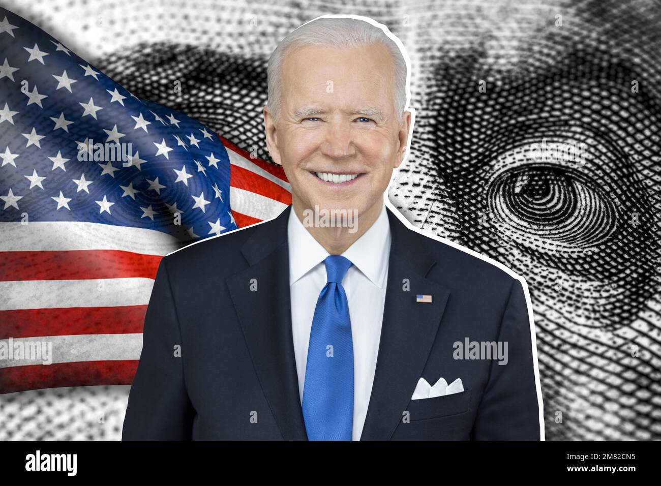 Joe Biden, US-Flagge und Bargeld-Dollarscheine Stockfoto