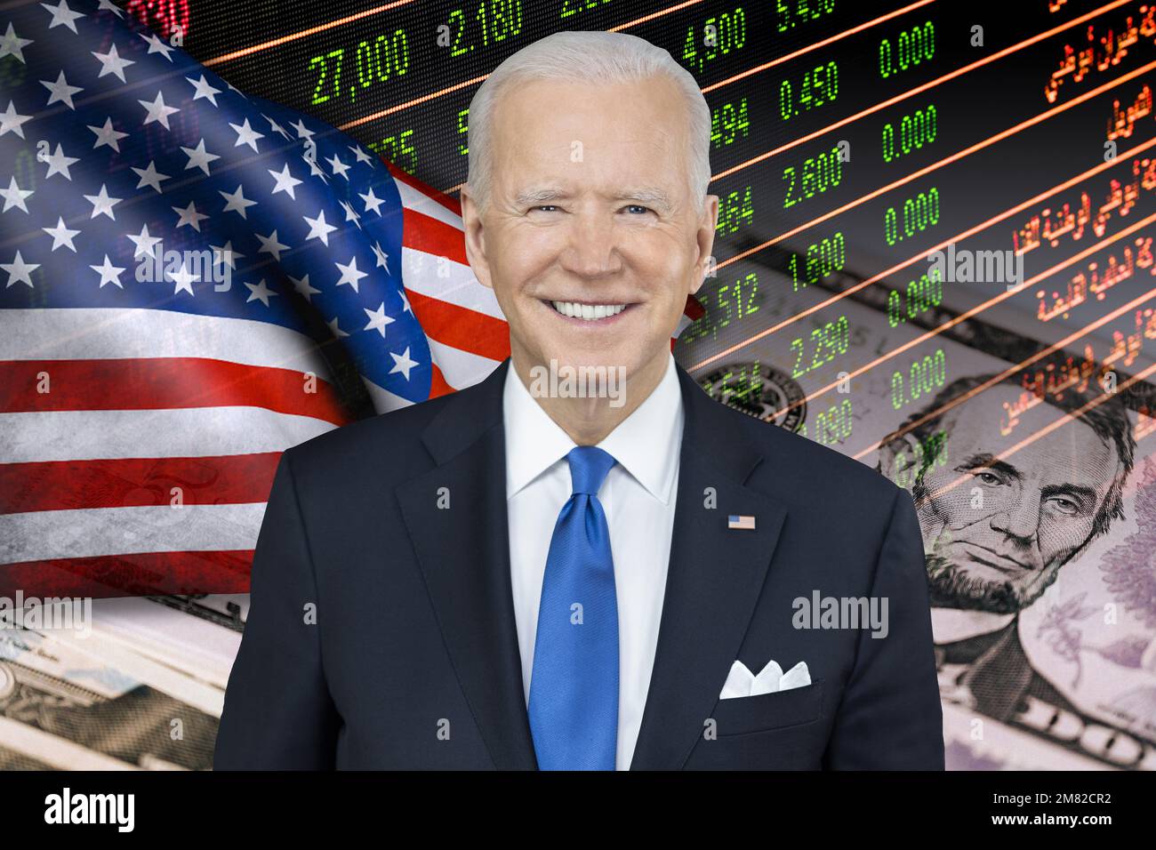 Joe Biden, US-Flagge, Börsenindikatoren und Bargeld-Dollarscheine Stockfoto