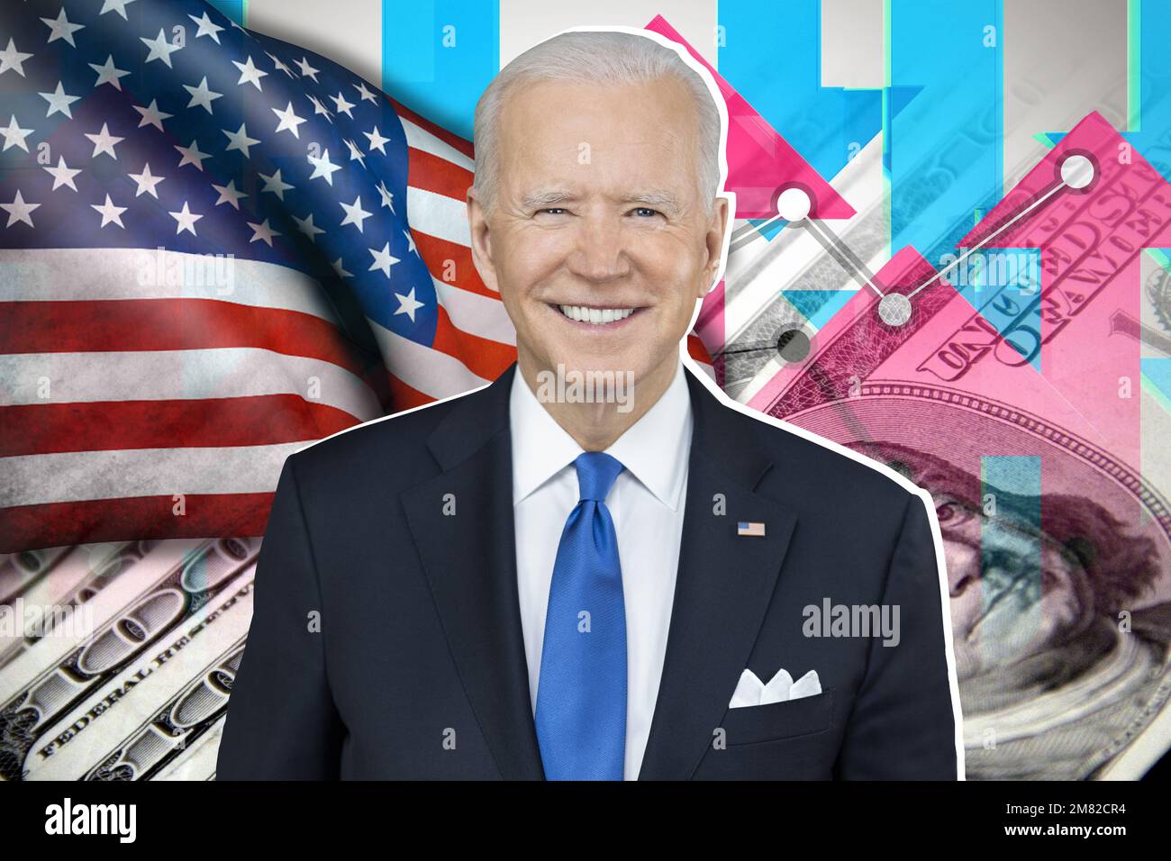 Joe Biden, US-Flagge, Pfeile nach oben und unten und Bargeld-Dollarscheine Stockfoto