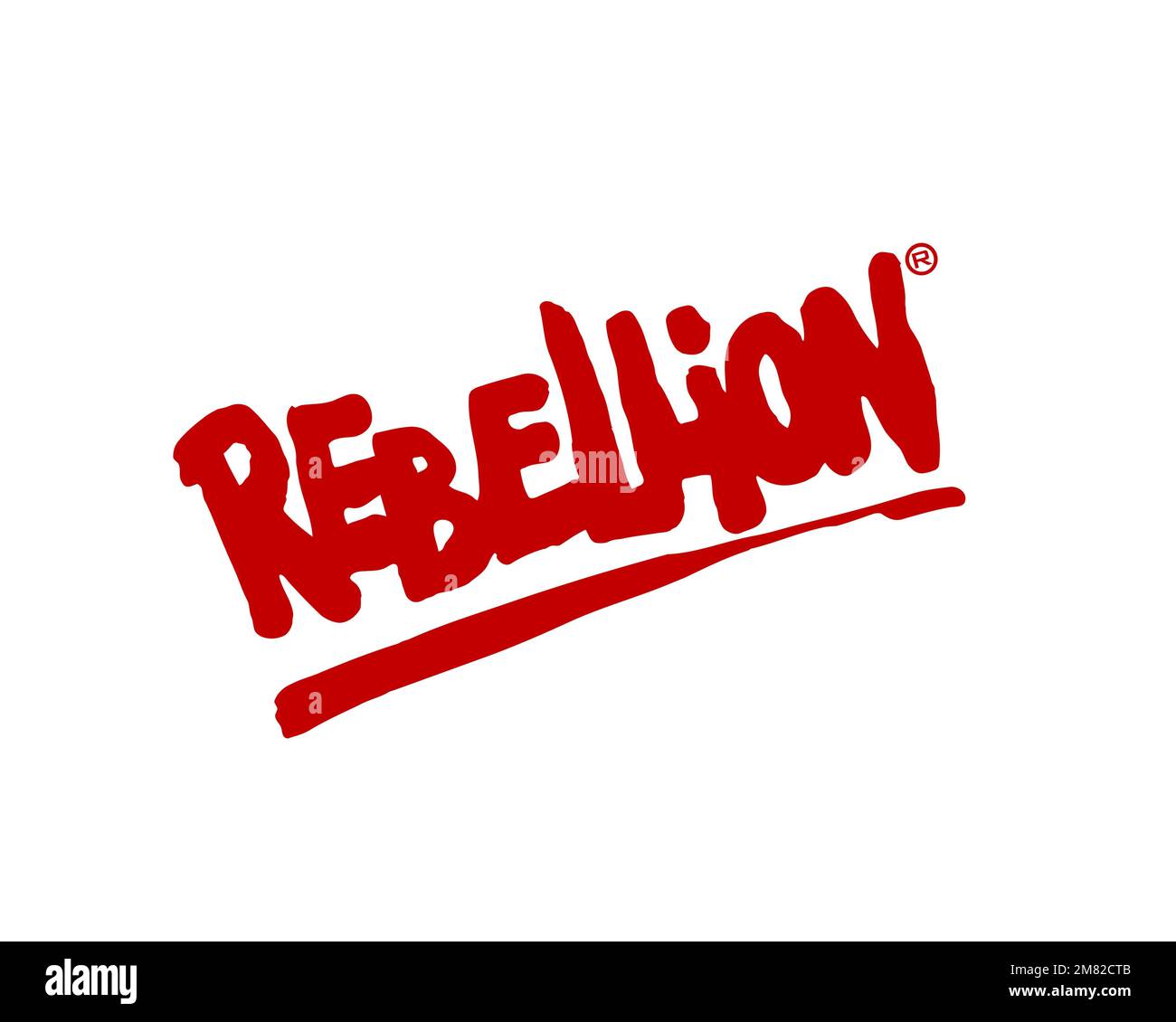 Rebellion-Entwicklungen, Gedrehtes Logo, Weißer Hintergrund Stockfoto