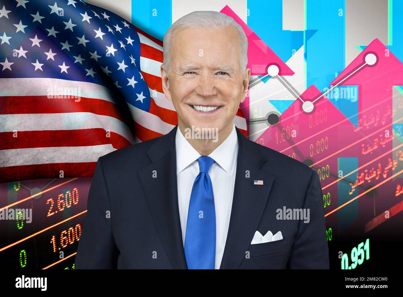 Joe Biden, US-Flagge, Börsenindikatoren und Aufwärts- und Abwärtspfeile Stockfoto