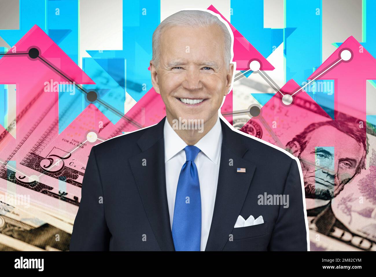 Joe Biden, Pfeile nach oben und unten und Bargeld-Dollarscheine Stockfoto