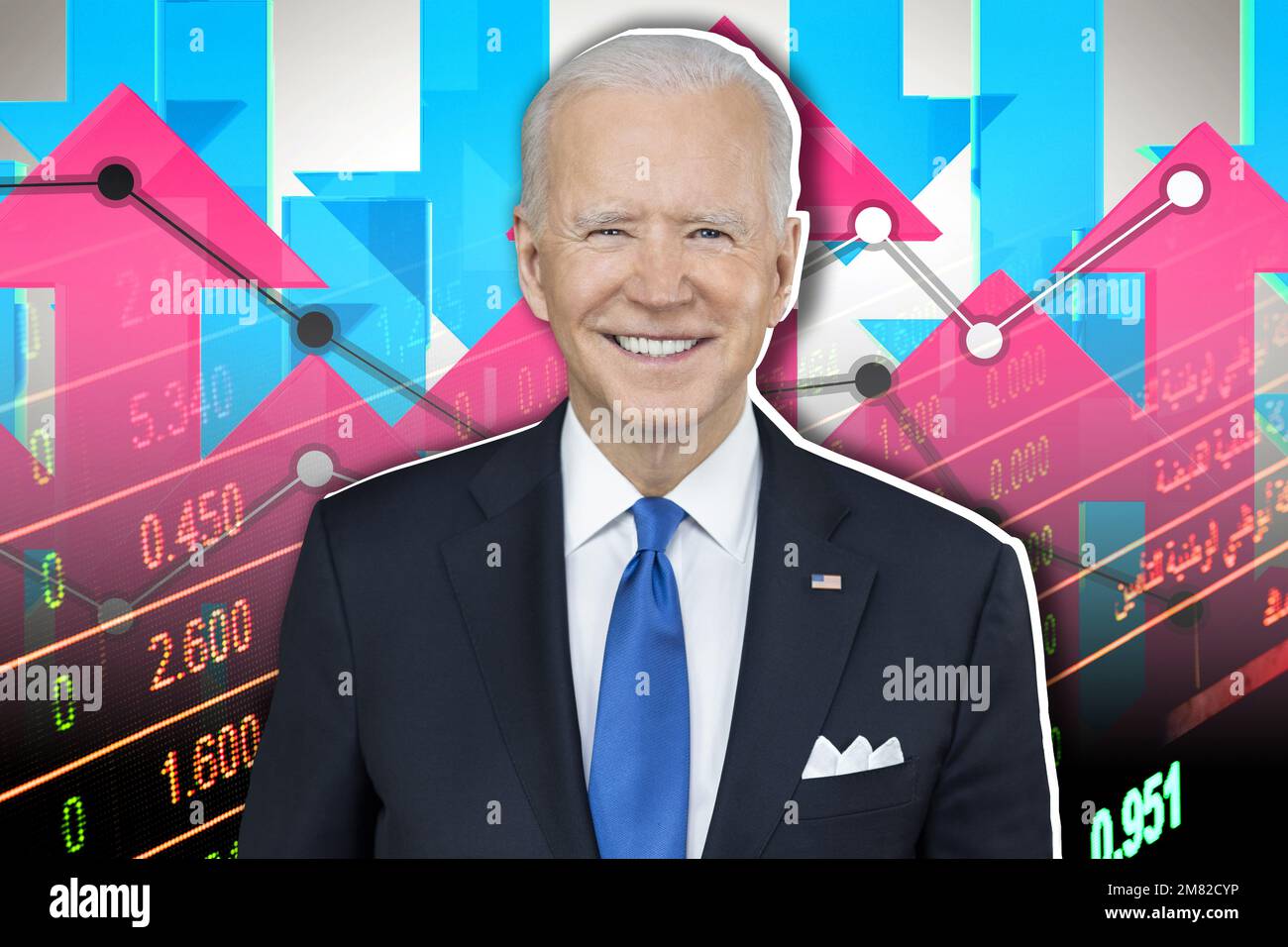 Joe Biden, Aufwärts- und Abwärtspfeile und Börsenindikatoren Stockfoto