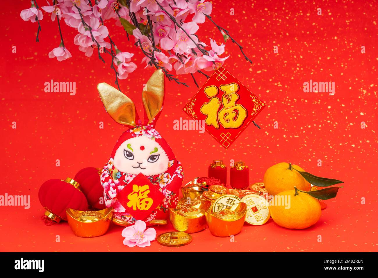 Tradition Chinesische Stoffpuppe Hase, 2023 ist das Jahr des Hasen, chinesische Figuren zur Dekoration Übersetzung: Gute Gesundheit für das neue Jahr. Stockfoto