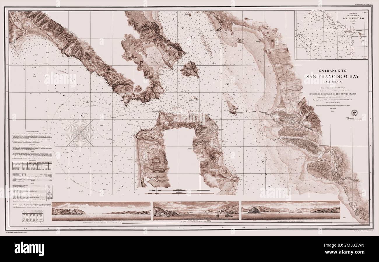 Originaltitel: Eintritt zur San Francisco Bay, Kalifornien. Das Veröffentlichungsdatum war 1859. Dies ist eine wunderschön detaillierte, historische topographische Kartenreproduktion. Es wurde hauptsächlich durch Abtönung verstärkt, damit die Landflächen hervorstechen. Diese restaurierte, detaillierte Reproduktion bringt viele Details und Wahrzeichen zum Vorschein und macht diese Karte zu einer großartigen historischen Referenz. Es zeigt den Eingang zur San Francisco Bay. Stockfoto