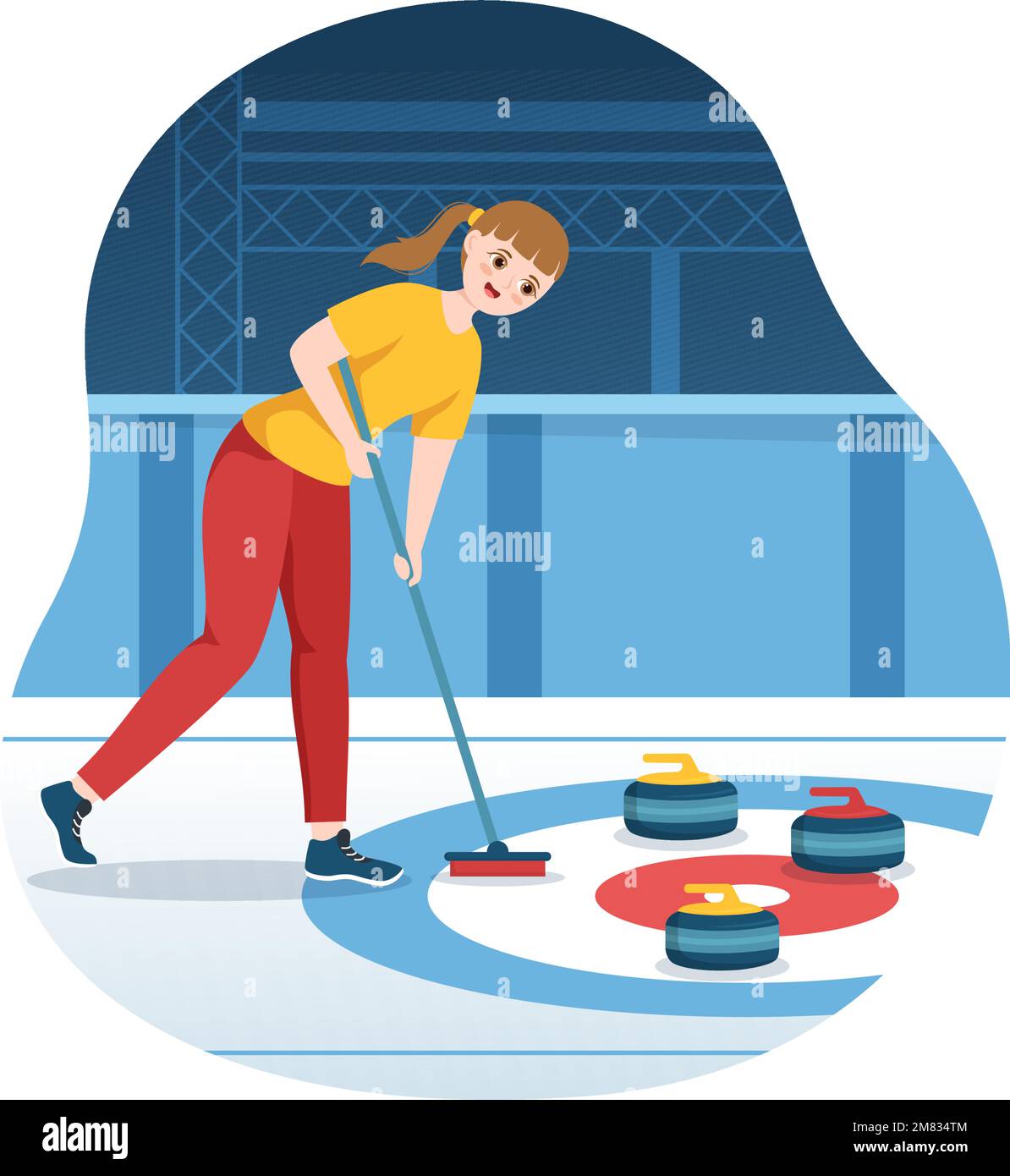 Curling Sport-Illustration mit Team, das Game of Rocks und Besen im rechteckigen Eisring in Championship Flat Cartoon Hand Drawn Template spielt Stock Vektor