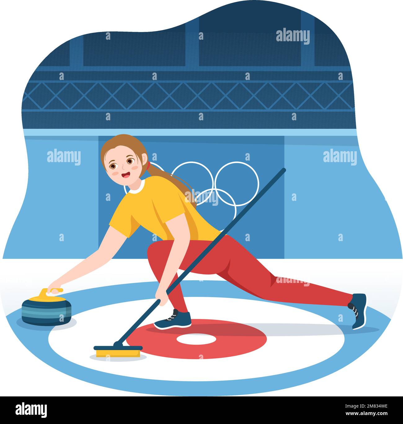 Curling Sport-Illustration mit Team, das Game of Rocks und Besen im rechteckigen Eisring in Championship Flat Cartoon Hand Drawn Template spielt Stock Vektor