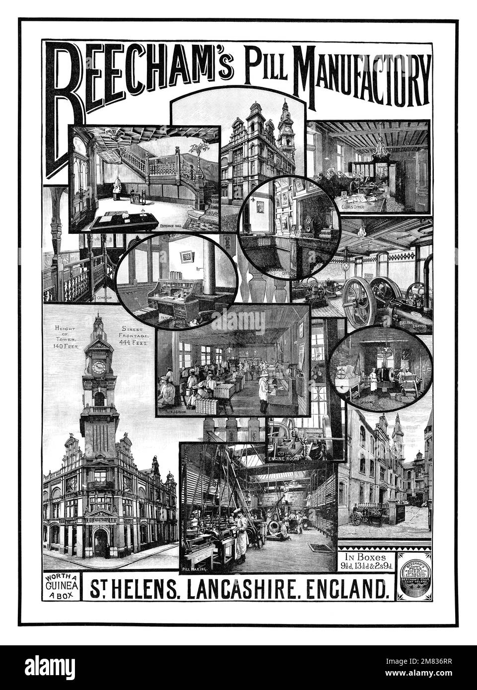 1892 britische Werbung für Beecham's Pills, die die Fabrik zeigt. Stockfoto