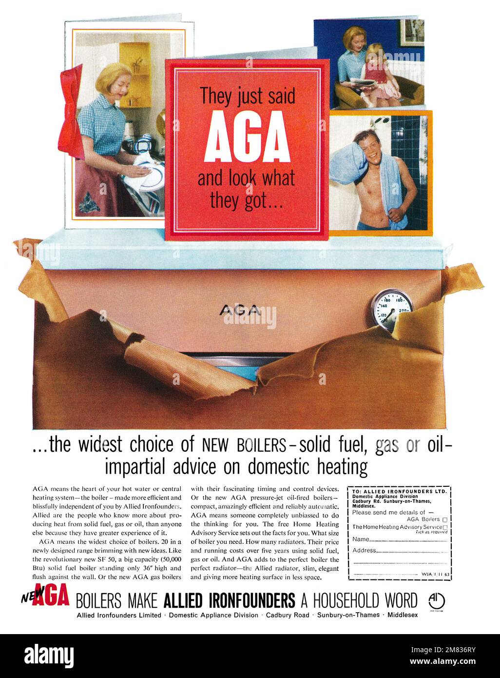 1963 britische Werbung für AGA-Heizkessel mit Festbrennstoff, Gas und Öl von Allied Ironfounders. Stockfoto