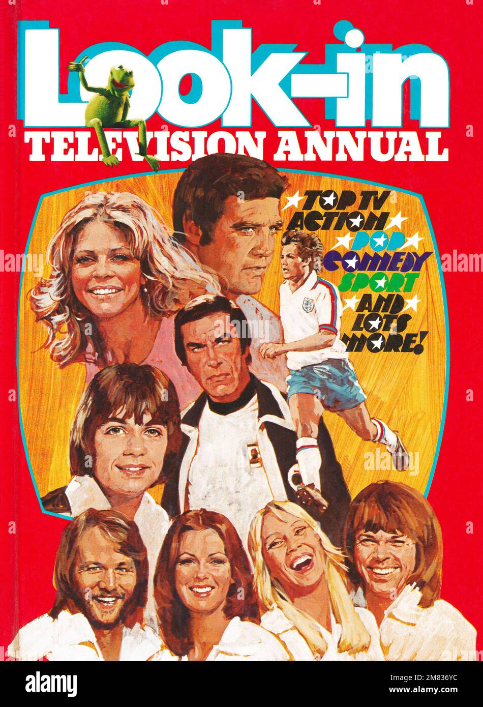 Altmodisches Titelblatt von 1977 Look-in TV Annual mit Abba, Martin Landau, Lee Majors, Lindsay Wagner und anderen. Stockfoto