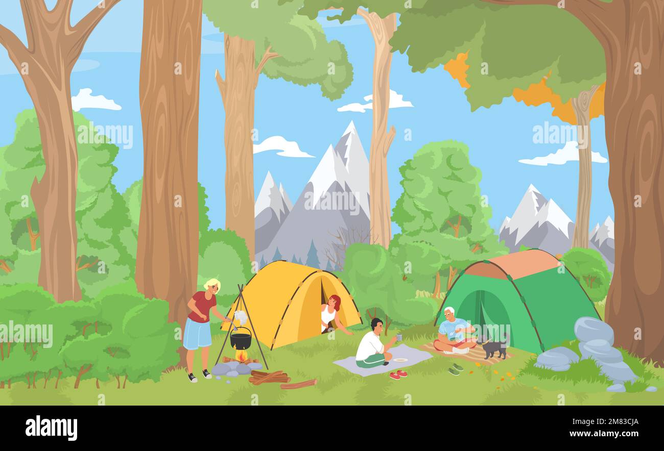 Freunde campen in einem Waldcartoon-Vektorbild Stock Vektor