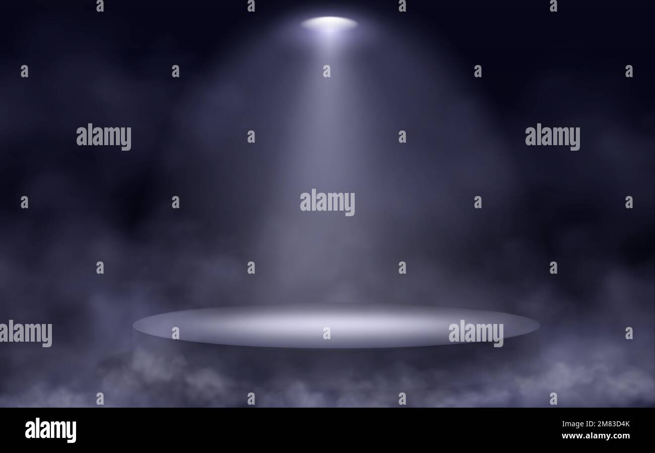 Podium, runde Bühne, Siegersockel, beleuchtet durch Scheinwerfer. Runde Plattform, Projektorstrahl und Rauchwolken auf schwarzem Hintergrund, Vektor-realistische Darstellung Stock Vektor