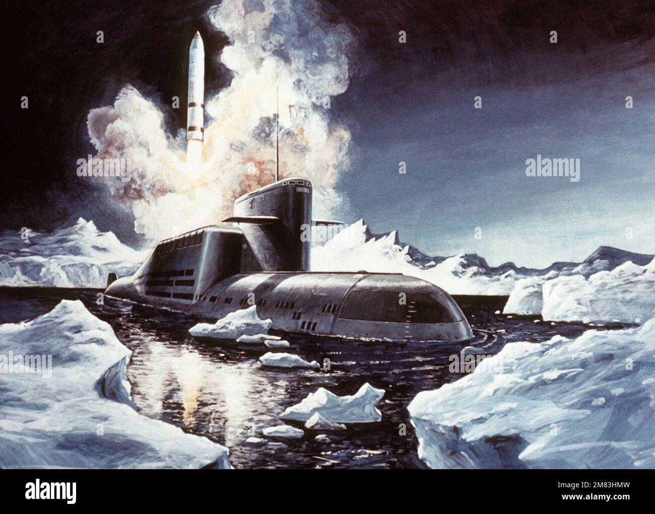 Künstlerisches Konzept einer sowjetischen SS-NX-23 ballistischen Rakete, die von einem Atom-U-Boot der Klasse Delta IV abgeschossen wird. Von Der Sowjetischen Militärmacht 1985. Land: Unbekannt Stockfoto
