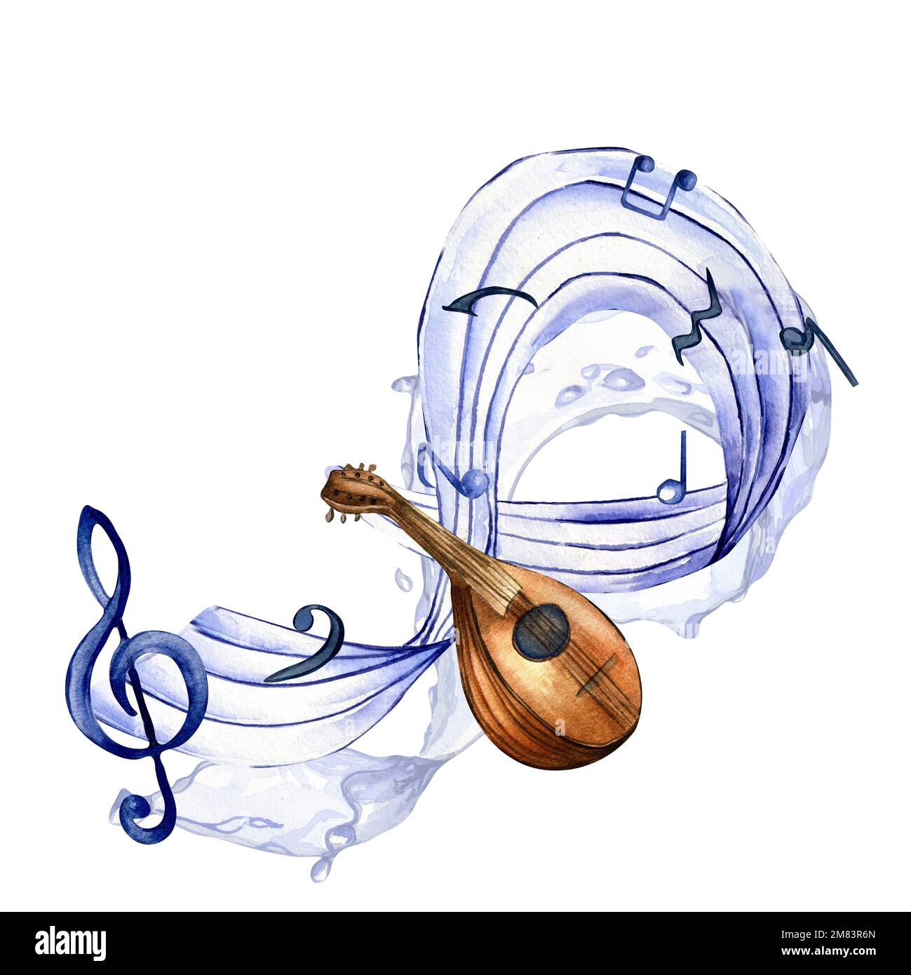 Höhenknoten, Noten und Mandolin-Aquarell-Illustration auf Weiß. Streichinstrumente, Banjo, handgezeichnet. Design für Party-Flyer, Concer Stockfoto