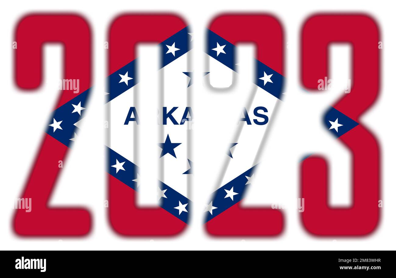 2023, isoliert auf weiß - mit der Flagge des US-Bundesstaates Arkansas Stockfoto