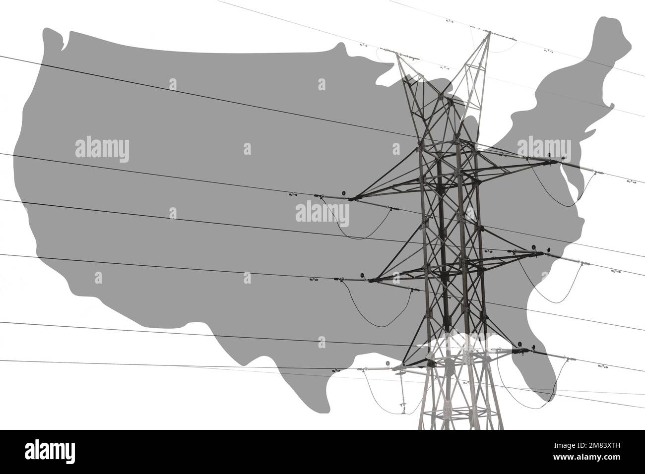 Hochspannungsanschluss oder Hochspannungsturm mit Karte der Vereinigten Staaten von Amerika. Energiekonzept Stockfoto