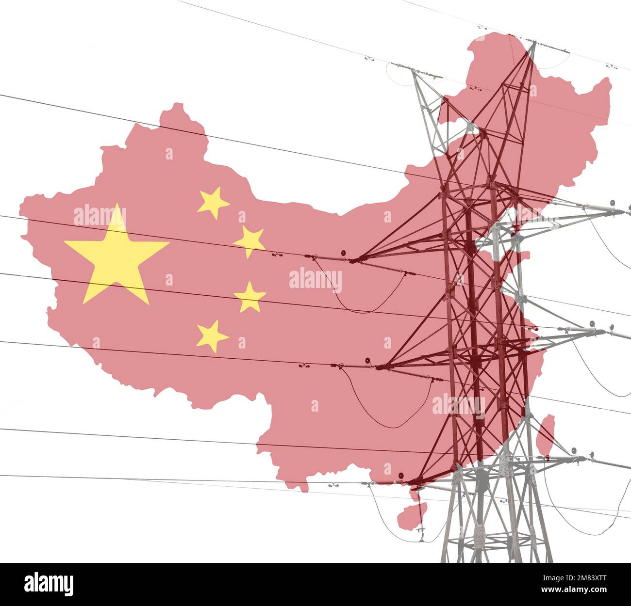 Hochspannungsanschluss oder Hochspannungsturm mit China MAP. Energiekonzept. Stockfoto