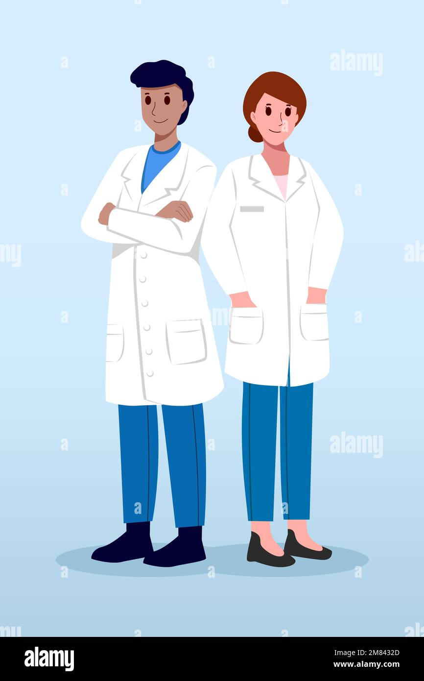 Medizinisches Team. Männliche und weibliche Arzte mit weißem Kittel. Zeichentrickfiguren. Vector . Stock Vektor