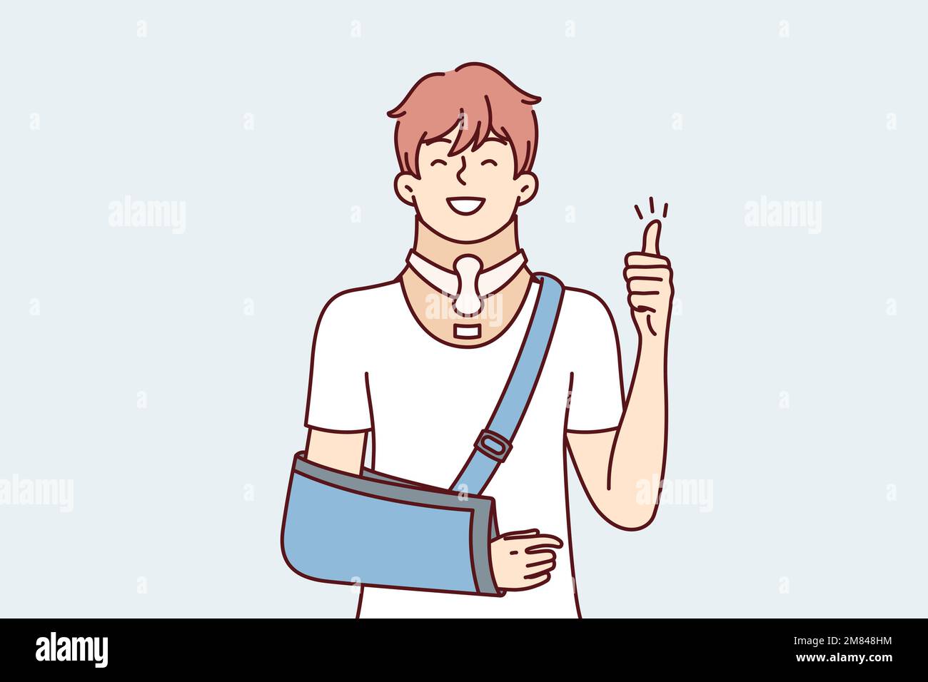 Positiver junger Mann mit gebrochenem Arm zeigt Daumen nach oben als Zeichen der Dankbarkeit für Ärzte. Optimistischer Mann mit orthopädischem Halsband zur Kopfstützung, die für die Rehabilitation nach einer Verletzung notwendig ist. Flaches Vektordesign Stock Vektor