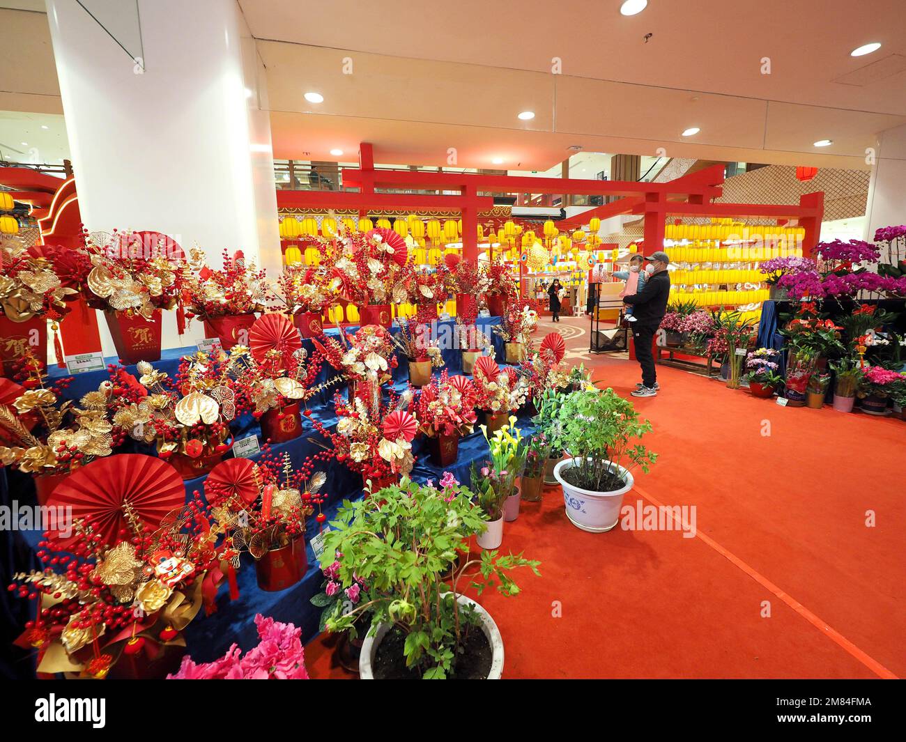 PEKING, CHINA - 12. JANUAR 2023 - Menschen sehen Blumen auf der Frühjahrsmesse "Jade Rabbit" im Intime Department Store in Peking, China, 12. Januar 20 Stockfoto