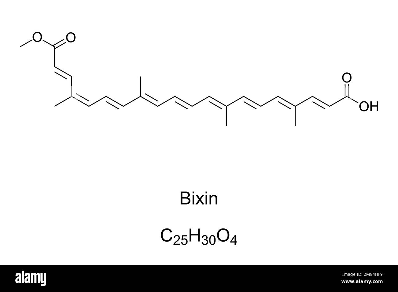 Bixin, cis- oder alpha-Bixin, chemische Formel. Carotinoid, das aus den Samen des Achiotenbaums Bixa orellana extrahiert wird, um Annatto, ein natürliches Pigment, zu bilden. Stockfoto