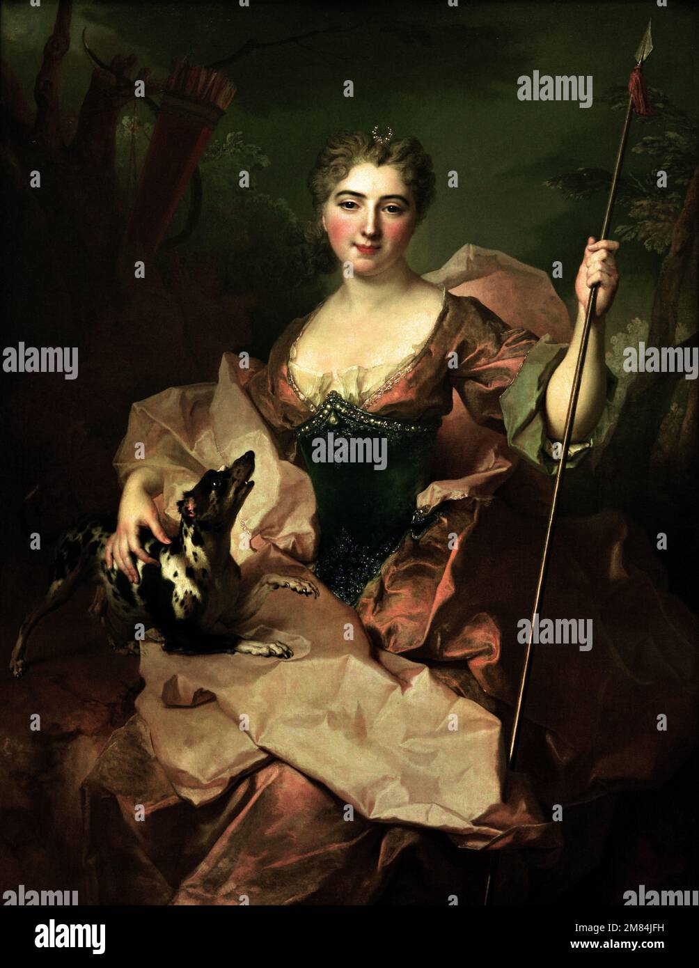 Allgemeinbildende Darstellung als Diana, die Jägerin von Francoise Turrettini, Ehefrau von Baron David de Vasserot, Lord von Vincy und Vaux, Baron de la Batie. Zukünftige Baronin von Donop, in zweiter Ehe von Nicolas de Largillière 1656 – 1746 französischer Porträtmaler, geboren in Paris, Frankreich, Stockfoto