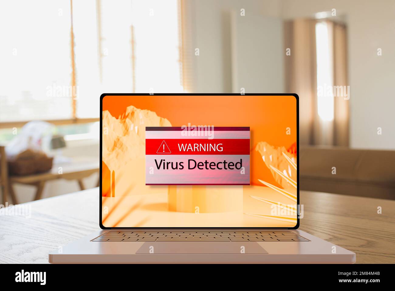 Virenwarnung auf einem Laptop-Bildschirm. 3D-Rendering Stockfoto