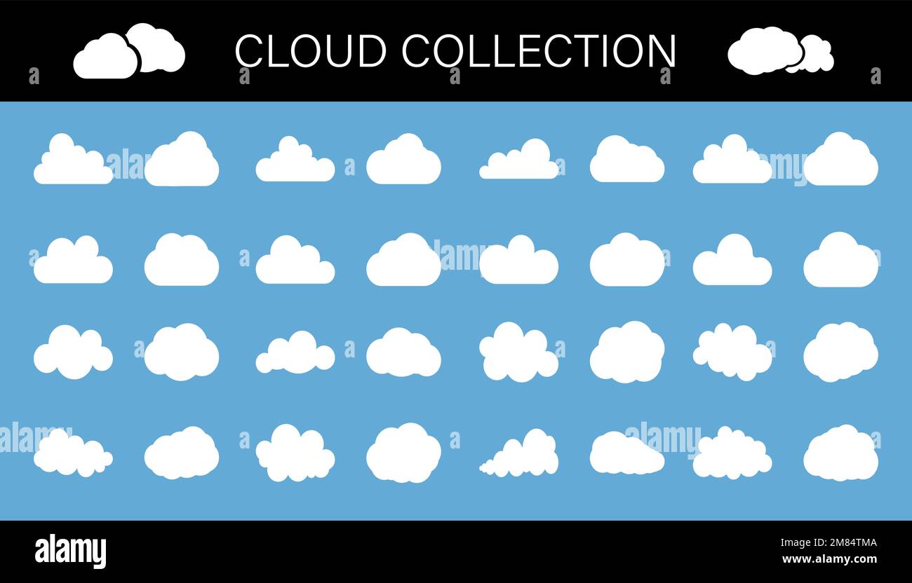 Sammlung von weißen, geschwollenen Wolkensymbolen, isoliert auf blauem Hintergrund, Symbolsatz-Vektordarstellung Stock Vektor