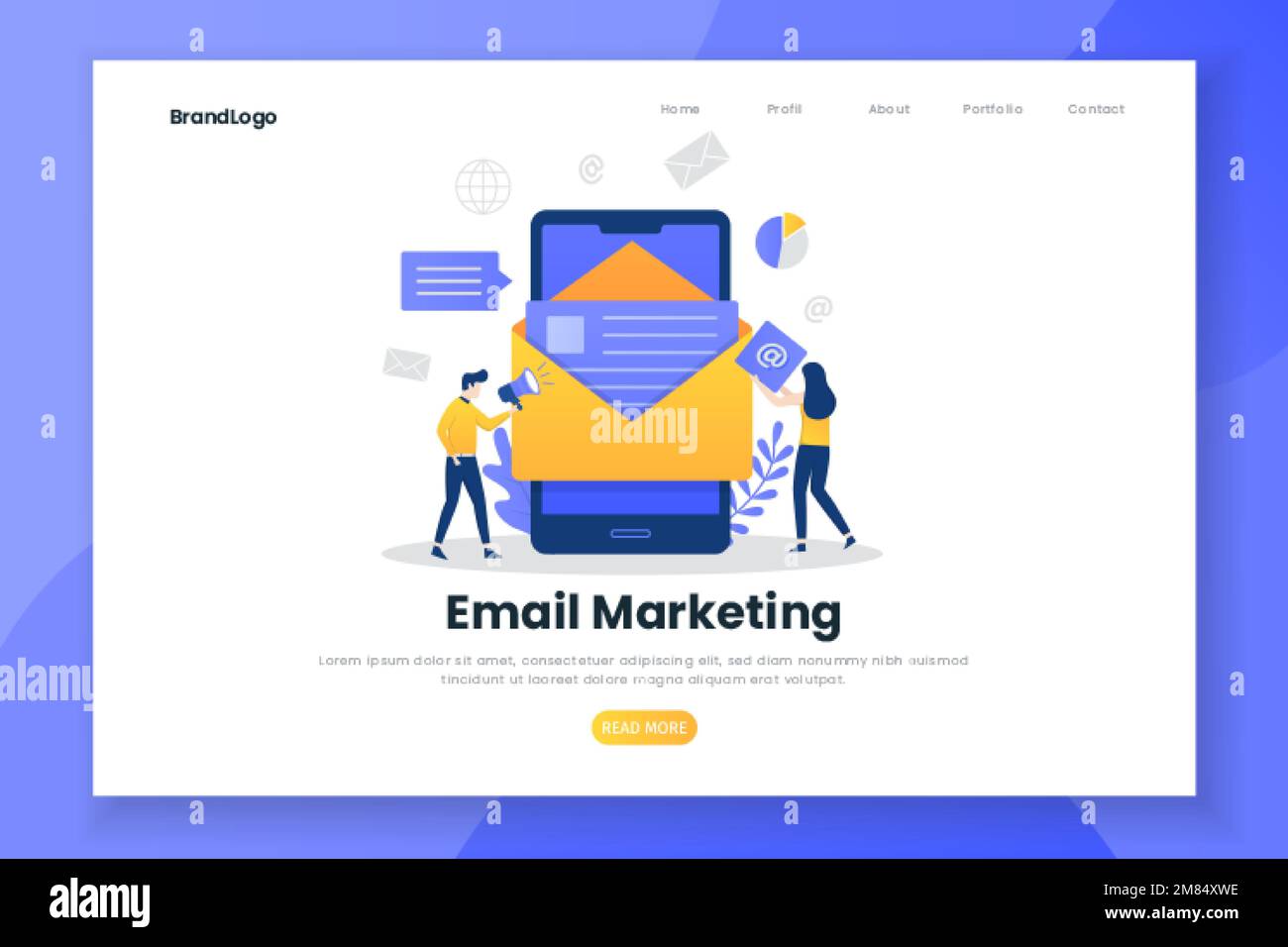 Landing-Page-Vorlage für E-Mail-Marketing. Abbildung für Websites, Landing-Pages, mobile Anwendungen, Poster und Banner. Stock Vektor