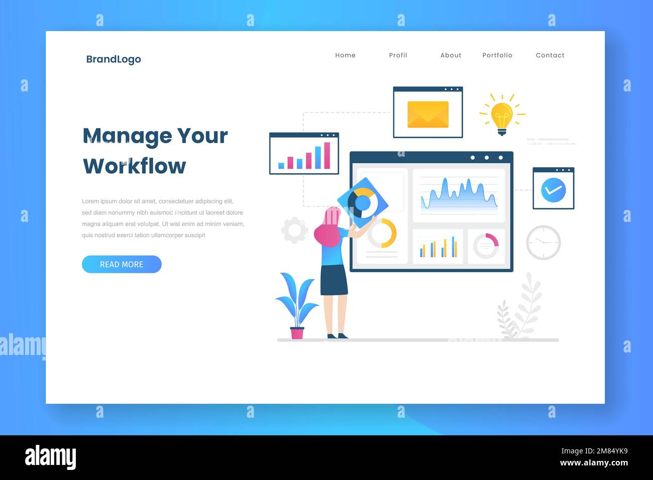 Verwalten Sie die Vorlage für die Workflow-Landing-Page. Abbildung für Websites, Landing-Pages, mobile Anwendungen, Poster und Banner. Stock Vektor