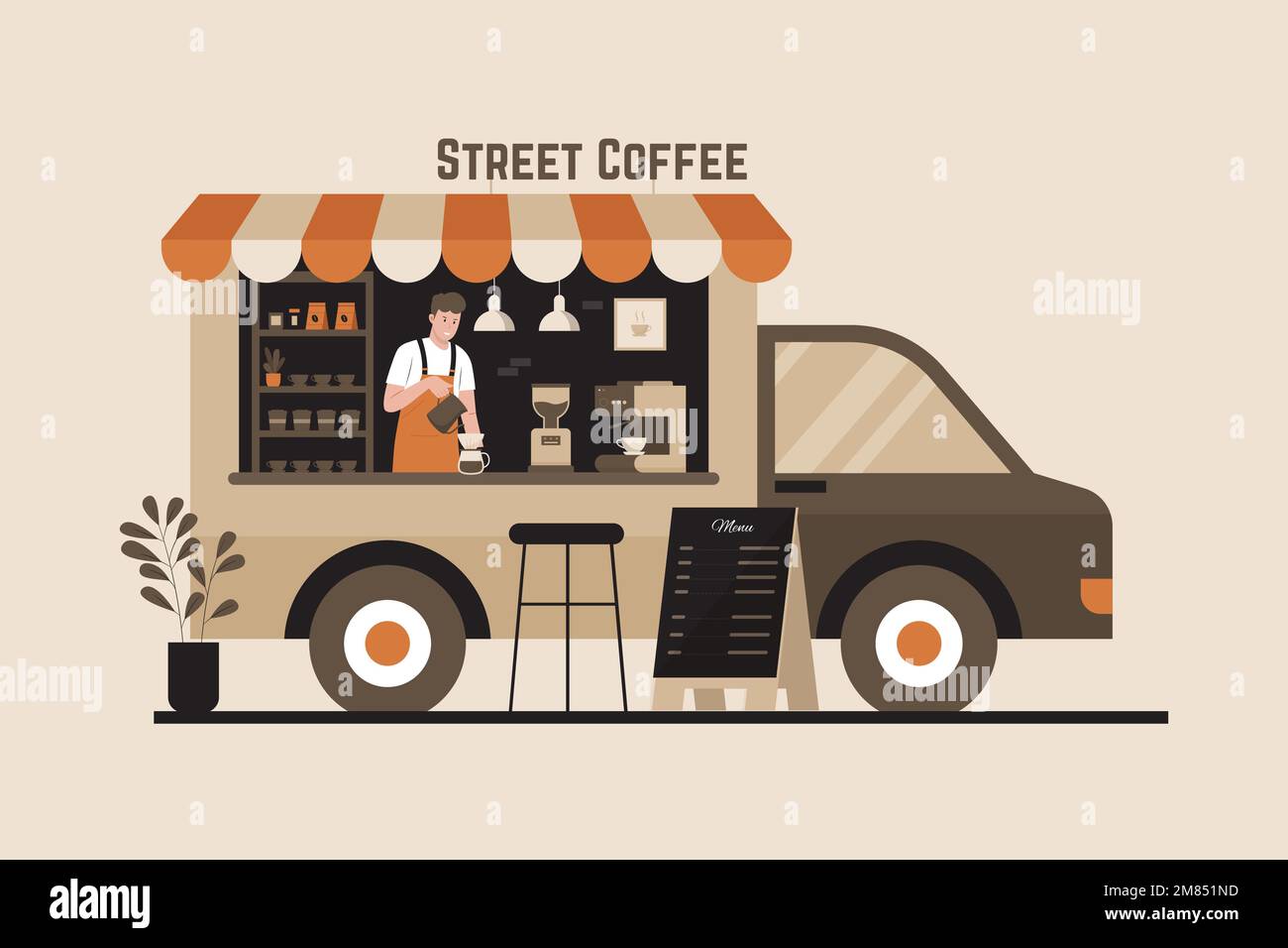 Vektordarstellung des Coffee Truck Cafés mit Barista. Abbildung für Website, Landing-Page, mobile App, Poster und Banner. Stock Vektor