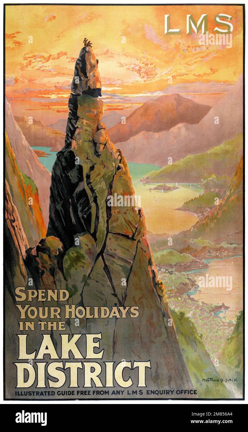 Verbringen Sie Ihren Urlaub im Lake District von Montague Birrell Black (1884-1964). Poster wurde 1925 in Großbritannien veröffentlicht. Stockfoto