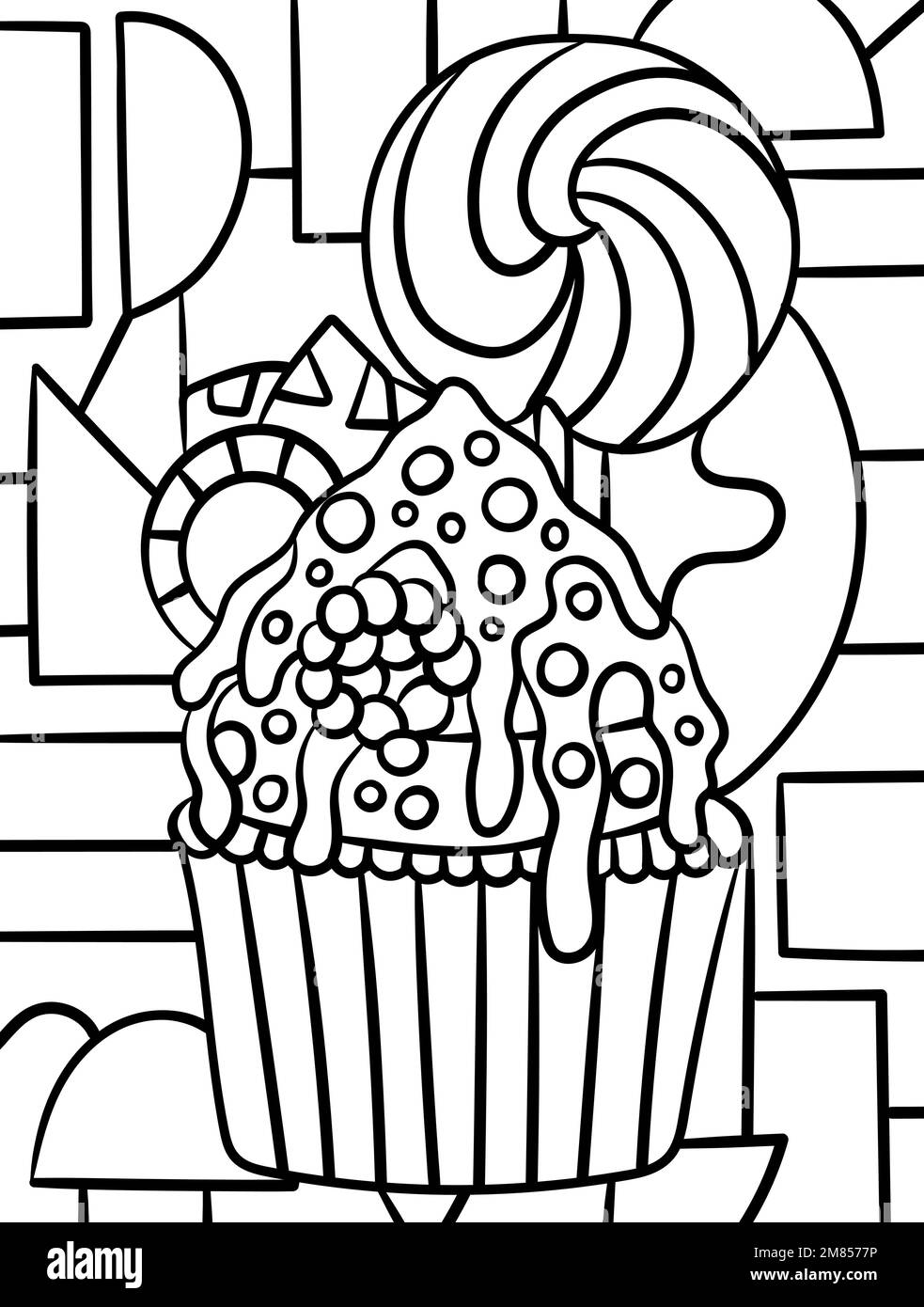 Muffin Mit Süßen Süßigkeiten – Malseite Stock Vektor