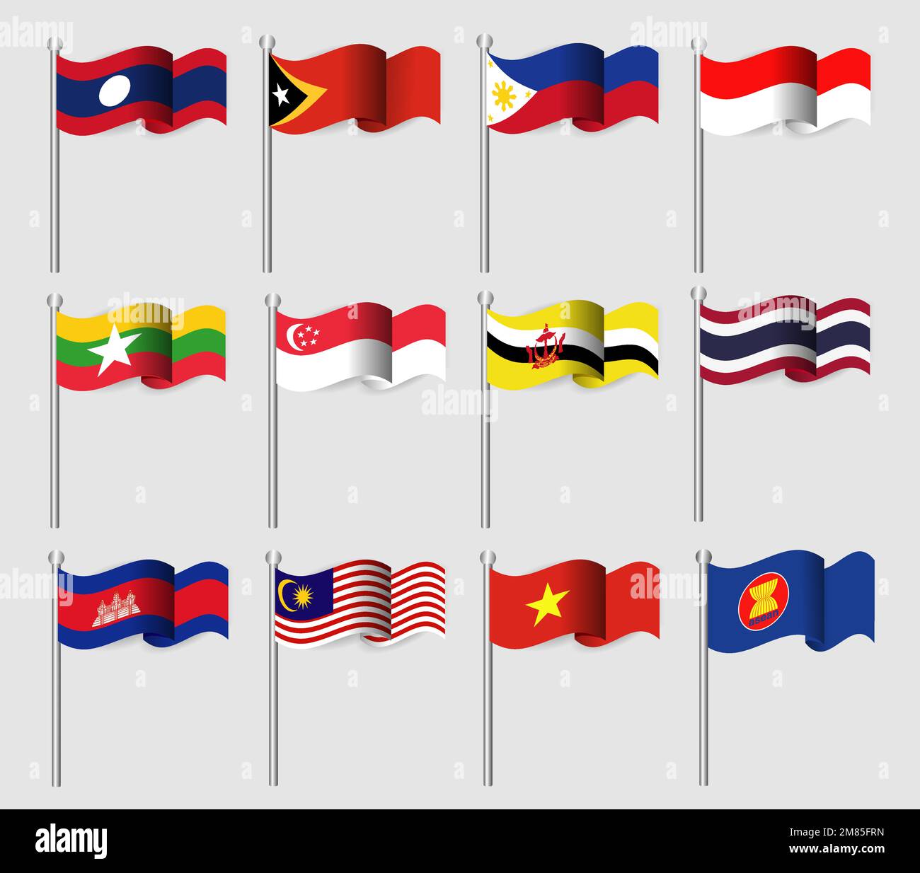 ASEAN. Verband der Südostasiatischen Nationen und Mitgliedschaft. Wehenden Fahnen Design. Südostasien Karte Hintergrund. Vektor. Stock Vektor