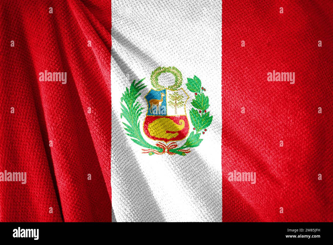 Peru-Flagge auf der Handtuchoberfläche mit Ländersymbol Stockfoto