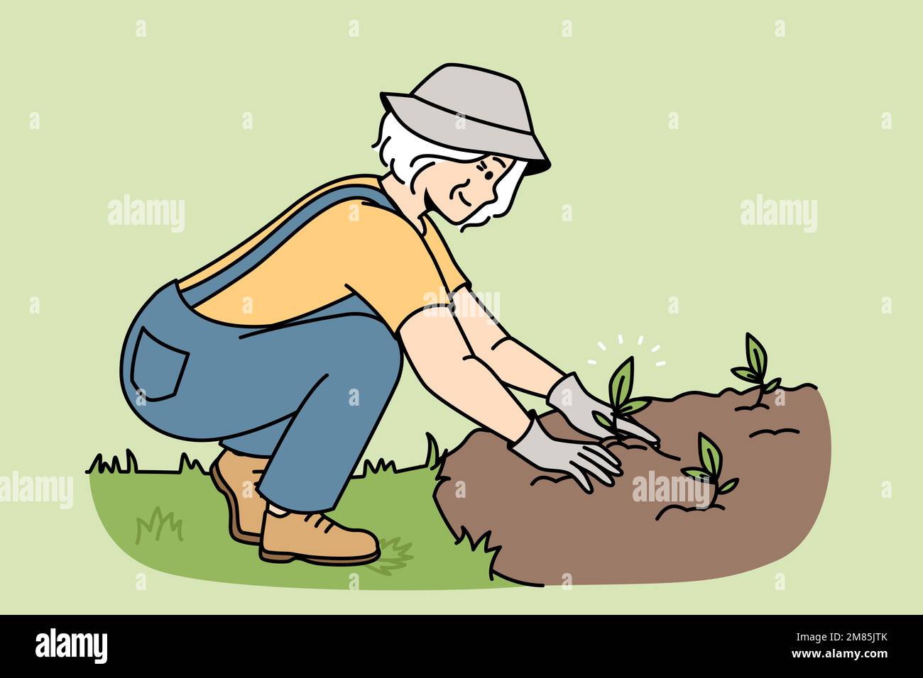 Lächelnde ältere Frau pflanzt Setzlinge im Boden. Glückliche, reife Gärtnerin, die sich im Gartenbau im Freien engagiert. Gartenarbeit und Hobby. Vektordarstellung. Stock Vektor