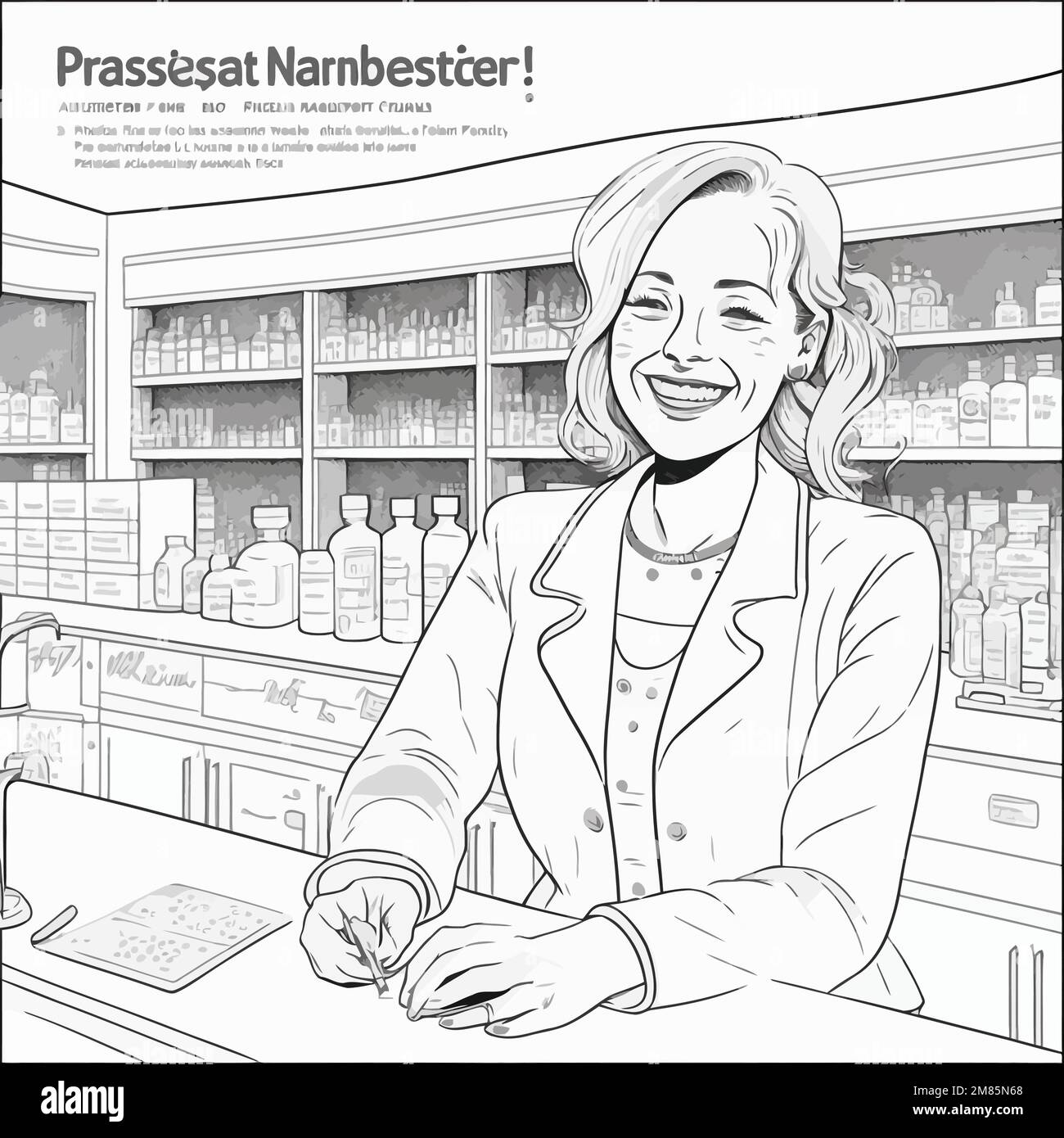 Ein schwarz-weißer Vektor im lineart-Stil zeigt eine lächelnde, weiße Apothekerin, die hinter einer Drogerie-Theke steht, mit Platzhaltertext ohne echten Arbeitsauftrag Stock Vektor
