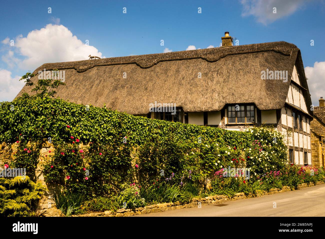 Strohdach und Dachtrassen im Cotswold Village in Stanton, England. Stockfoto