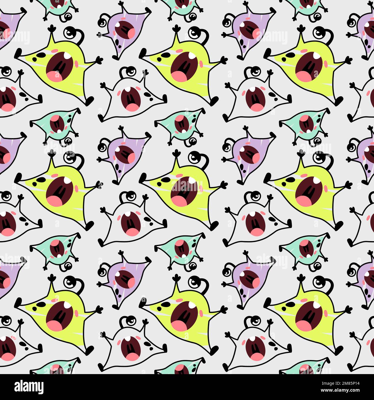 Komisches, nahtloses Muster für Kinder mit Aliens. Kinderzimmer-Design für kleine Jungen. Verschiedene, schlichte, süße Monster. Minimalistischer Aufdruck für Kinderbekleidung Stock Vektor