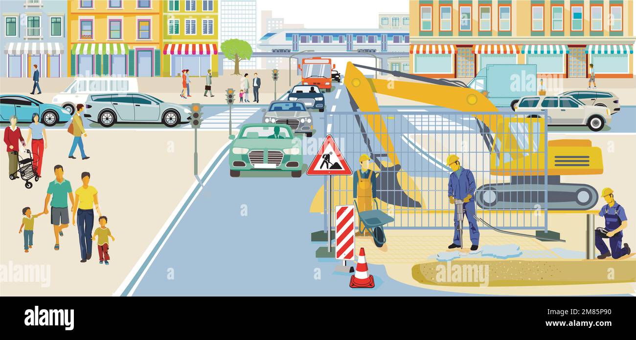 Straßenbaustelle mit Bauarbeitern, Schaubild Stock Vektor