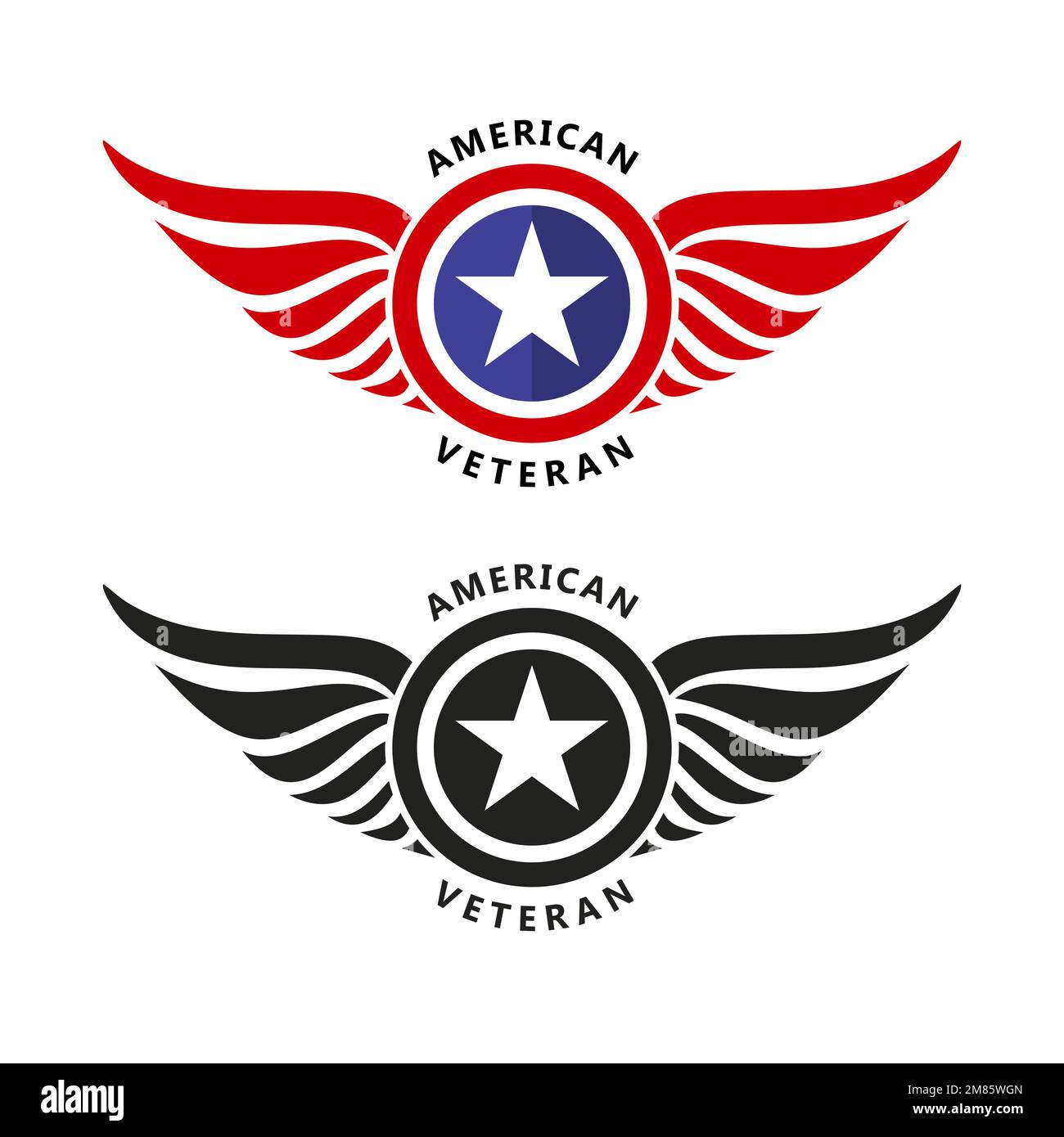 Ein Satz Wings-Abzeichen mit US-Sternen. Design-Vorlage für das Logo des Luftfahrt-Labels. US-Militärveteran-Vektordarstellung Stock Vektor