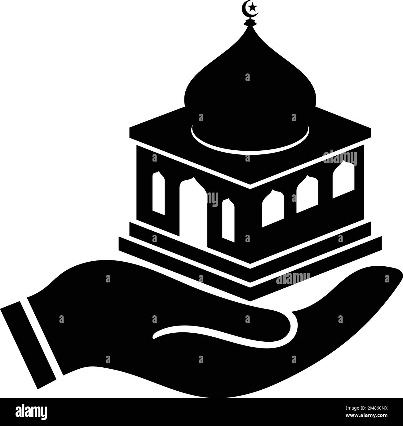 Eine Hand hält das Vektorsymbol der Moschee. Schwarz auf Weiß. Professionell, modern und kreativ. Stock Vektor