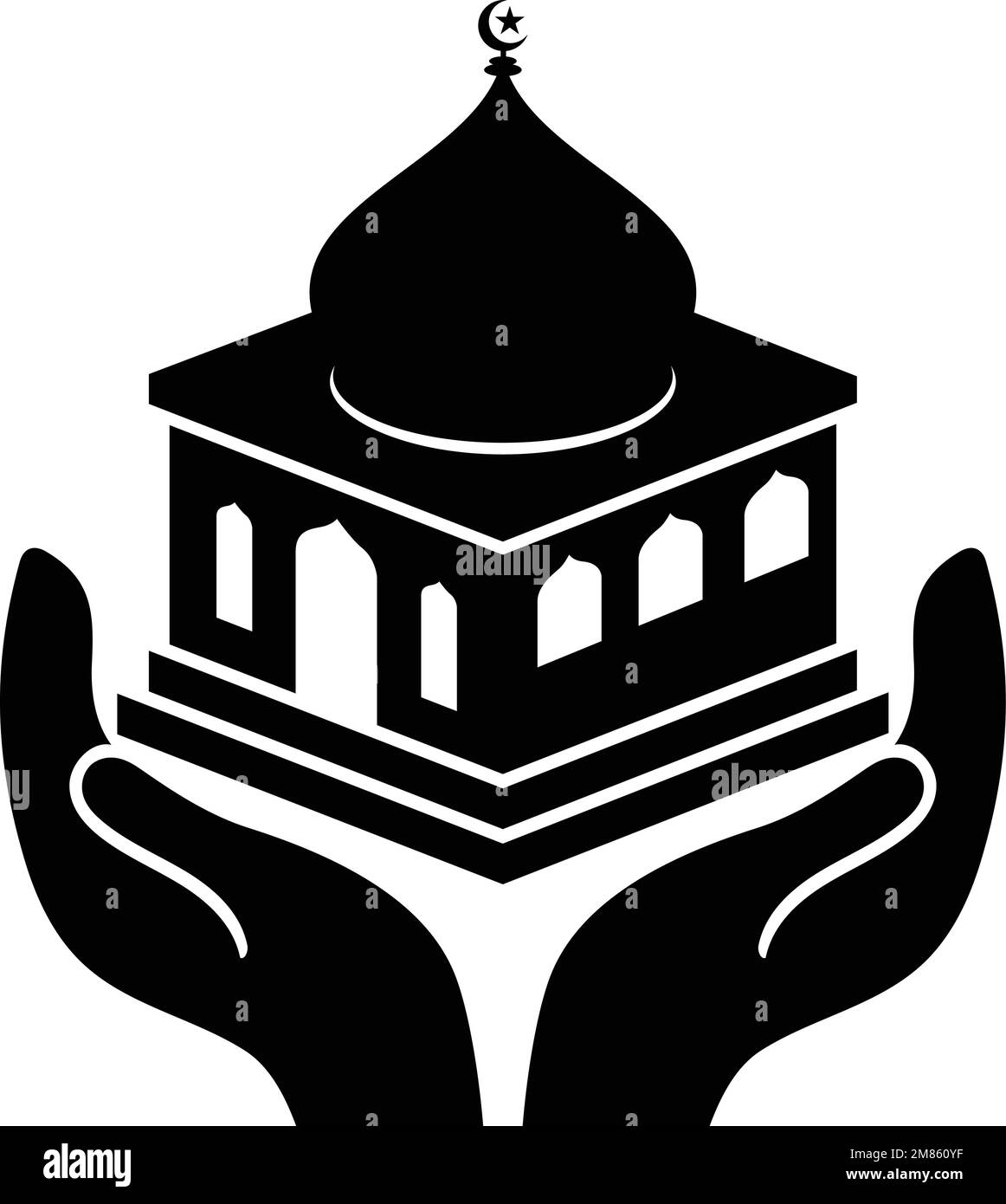 Zwei Hände halten das Vektorsymbol der Moschee. Schwarz auf Weiß. Stock Vektor