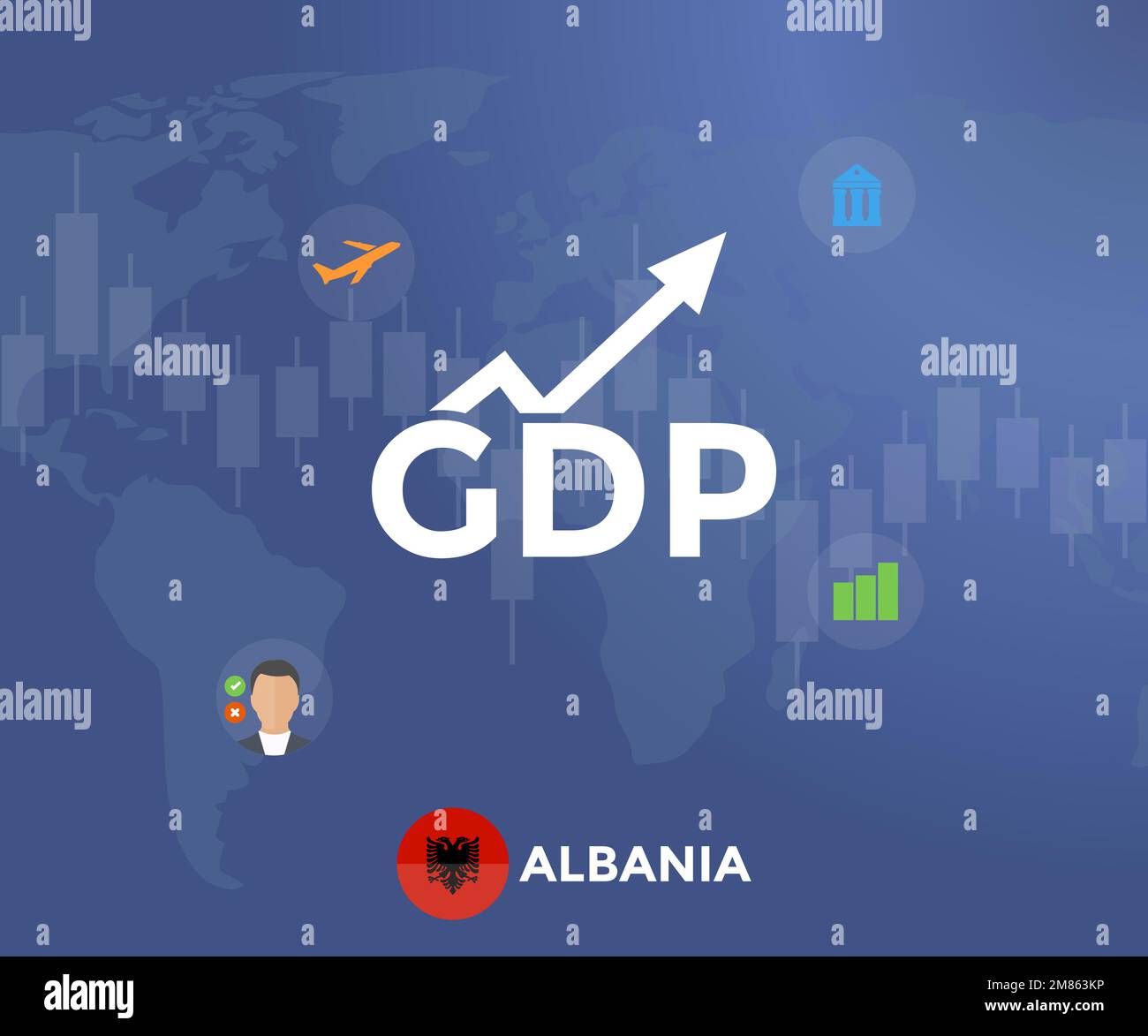 Bruttoinlandsprodukt (BIP) Albaniens Flagge und Gestaltung des Kartenlogos. BIP-Wachstum des Inlandsprodukts. Weltwirtschaft, Staatshaushalt, Rezession. Stock Vektor