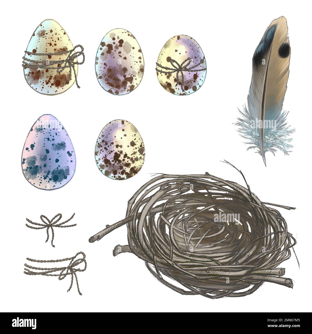Abbildung eines Ostersets mit einem Nest und Eiern Stockfoto