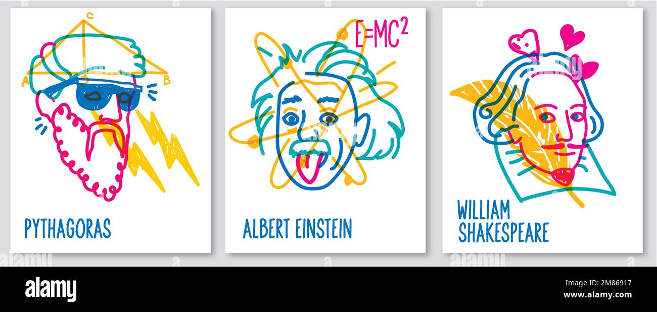 Poster des berühmten Wissenschaftlers Pythagoras, Albert Einstein, William Shakespeare, Strichzeichnung Stock Vektor