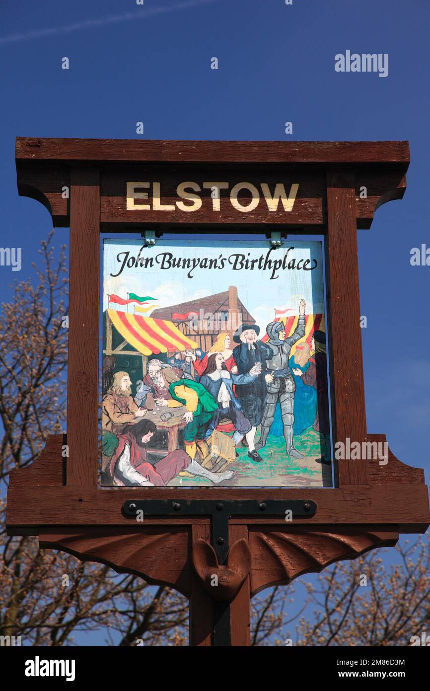 Elstow Ortsschild, Elstow Dorf; John Bunyans Geburtsort; Bedfordshire, England, Vereinigtes Königreich Stockfoto