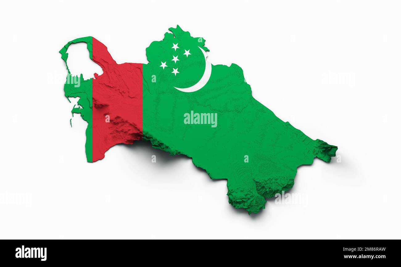 eine 3D-Darstellung der Karte Turkmenistans mit fahnenschattiertem Relief auf weißem Hintergrund Stockfoto