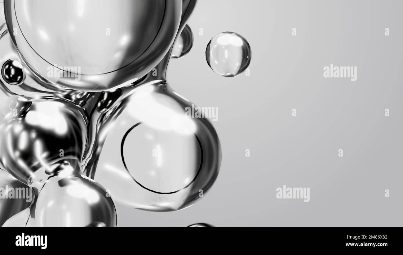 3D-Rendering-Motion-Design Hintergrundanimation Business-Präsentation Schwarzweiß Weiß Metaball Grau Flüssigseife Quecksilberblasen Metasphäre Stockfoto